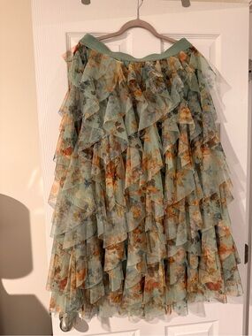 Tiered Floral Ruffle Midi Skirt in Sage Green